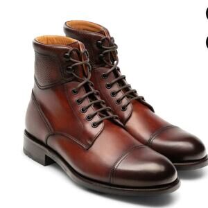 🪀MAGNINNI 22490 COGNAC PEBBLEDGRAIN CALF SKIN DERBY LEATHER CAP TOE BOOT 11 1/2